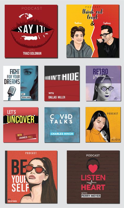 Podcast Cover Art | part 1 on Behance Podcast Branding Inspiration, Creative Podcast Cover Art, Podcast Cover Inspiration, Podcast Covers Art, Podcast Artwork Cover, Podcast Logo Ideas Women, Podcast Cover Design Inspiration, Podcast Cover Art Design, Podcast Art Cover