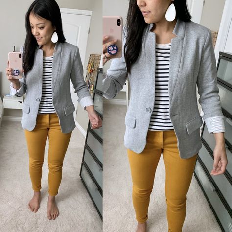 mustard pants + striped tee + grey blazer Mustard Pants Outfit, Skirts For Spring, Yellow Pants Outfit, Mustard Outfits, Mustard Pants, Fall Fashion Coats, Gray Blazer, Yellow Pants, Blazer Outfit