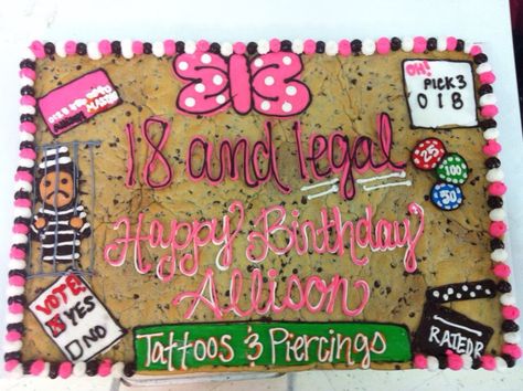 18th birthday cookie cake 18th Birthday Desserts, 18th Birthday Cookie Cake Ideas, 18th Birthday Cookie Cake, 18th Birthday Cookies, Birthday Cookie Cake, Gilmore Girls Party, 18th Ideas, Cake Designs For Boy, Cookie Cake Designs