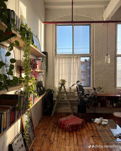 Nyc Apartment Aesthetic, Brick Bedroom, Brick Apartment, Pretty Apartments, Apartment Boho, Greenery Plants, Garden Nails, Decorative Wallpaper, Aesthetic Apartment