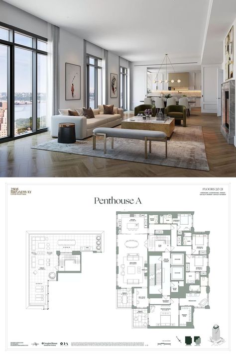 Penthouse Suite New York, Penthouse Design Ideas, Floor Plan Penthouse, New York Penthouse Interior, High Rise Apartment Layout, Penthouse Apartment Decor, Penthouse Apartment Layout, Penthouse Plans Layout, New York Apartment Layout