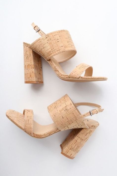 High Heel Cork Sandals For Spring, Cork Open Toe Sandals With Heel Strap, Chic Cork Heels For Spring, Luxury Cork-bed Formal Heels, Navy Blue Skater Dress, Natural Cork-bed Heeled Sandals For Summer, High Heeled Sandals, Blue Skater Dress, Stylish Heels