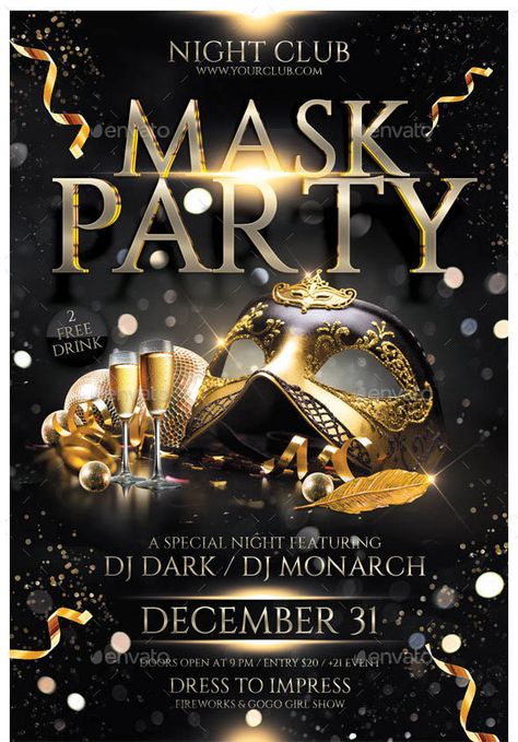 Mask Party Ideas Masquerade Theme Ball Decorations, Mask Party Decoration, Mask Party Ideas, Masquerade Party Themes, Cool Mask, New Years Ball, Masquerade Ball Party, New Years Eve Invitations, Event Poster Template