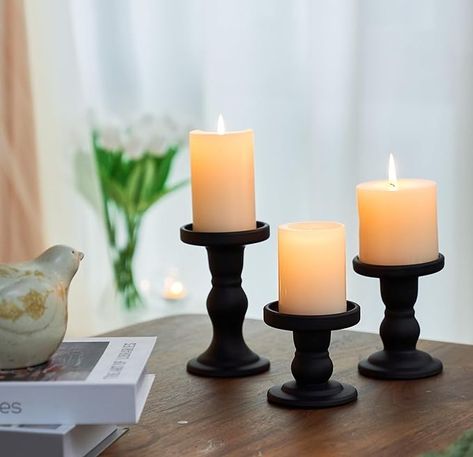 Amazon.com: Willceka 3 Pcs Clear Candle Holder, Pillar Candle Holder Set, Glass Candlesticks Holders Taper Candles Tealight (Black) : Home & Kitchen Home Decor With Candles, Big Candles Decor, Big Candles Decor Living Rooms, Black House Decor, Black Pillar Candles, Clear Candle Holders, Clear Candle, Clear Candles, Candle Display