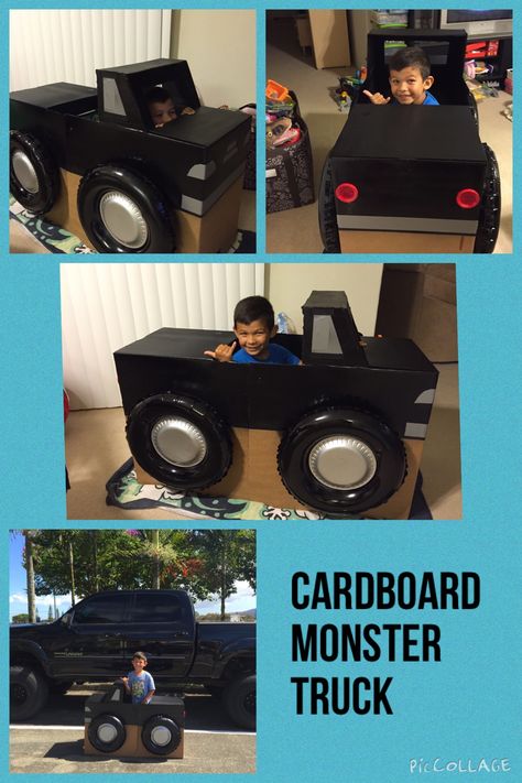 Cardboard Box Truck Diy, Card Board Monster Truck, Cardboard Box Monster Truck, Cardboard Box Cars For Kids Drive In, Cardboard Box Truck, Diy Monster Truck Costume, Cardboard Monster Truck, Cardboard Monster, Monster Truck Costume