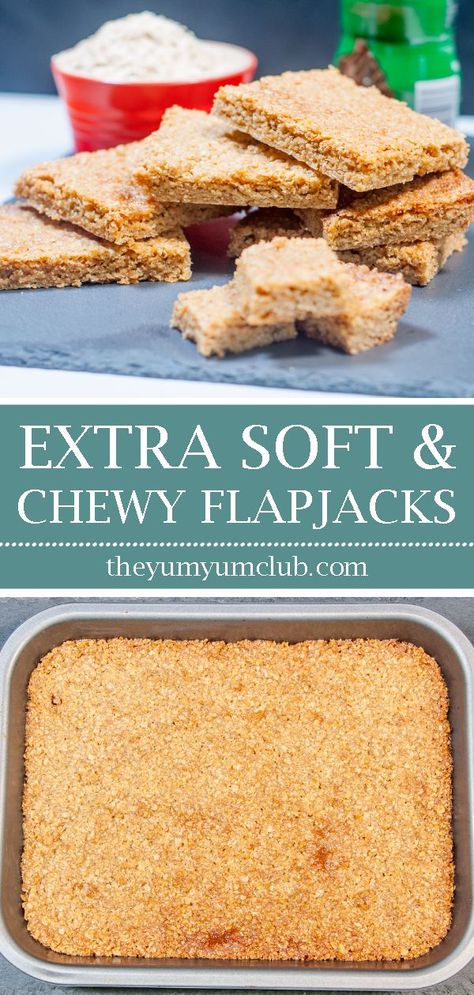 Extra soft and chewy flapjacks. A traditional Britsh cookie of oatmeal and maple syrup. A delicious and natural energy boost or breakfast grab and go oat bar. Yum!  #flapjack, #flapjacks, #chewyflapjacks, #biscuit, #cookie, #oatmealbiscuit, #oatmeal, #oatmealcookie, #food, #recipes Breakfast Grab And Go, Oatmeal Biscuits, Garlic Butter Chicken, Food Combining, Vegetarian Breakfast, Energy Boost, Low Carb Dinner, Natural Energy, Yummy Food Dessert