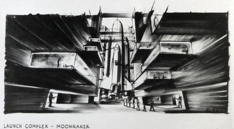 Entwurf „Launch Complex" zu JAMES BOND 007 – MOONRAKER (Moonraker – Streng geheim) GB/F 1979, Regie: Lewis Gilbert Entwurf: Ken Adam Todd White Art, Futuristic Interiors, Ken Adams, James Bond Movies, Study Architecture, Futuristic Interior, Film Design, Bond Films, Bond Movies