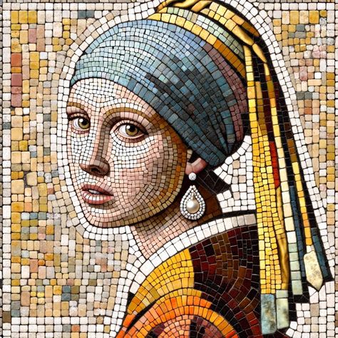 The Girl with the Pearl Earring as a mosaic like the Pompeii roman style Girl With The Pearl Earring, Girl With Pearl Earring, Mosaic Portrait, Glass Mosaic Art, Roman Style, Mosaic Pieces, Wallpaper Nature Flowers, Pearl Earring, Digital Art Illustration