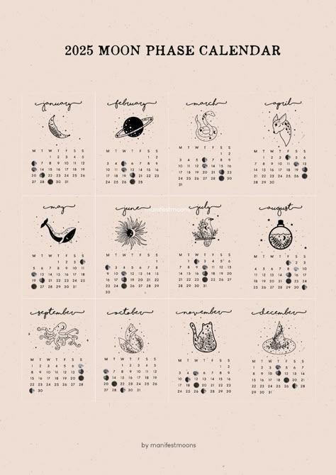 2025 Lunar Calendar Lunar Planner, Goddess Magick, Moon Phase Calendar, Moon Journal, Moon Ritual, Moon Magick, Moon Calendar, Art Journal Cover, Eclectic Witch