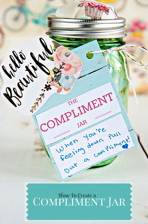 How To Make a Compliment Jar on theaboutwhatblog.com Compliment Jar, Jar Aesthetic, Gratitude Jar, Happy Jar, Kindness Activities, Diy Monogram, Cheer Up Gifts, Birthday Gifts For Husband, Aesthetic Blue