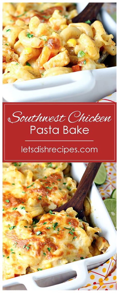 Southwest Chicken Pasta Bake Recipe -- This spicy chicken and pasta casserole is loaded with southwest seasonings and veggies, all in a creamy cheese sauce that's sure to become a favorite. #pasta #casserole #dinner #recipes Chicken And Pasta Casserole, Southwest Chicken Pasta, Casserole Dinner Recipes, Baked Chicken Pasta Recipes, Pasta Bake Recipe, Creamy Cheese Sauce, Chicken And Pasta, Southwest Chicken, Chicken Pasta Bake