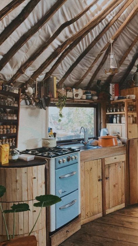 Small Yurt Interior, Yurt Kitchen Ideas, Off Grid Yurt, Yurt Design Ideas, Yurt Living Interior Design, Yurt Interior Design, Yurt Decor, Yurt Loft, Yurt Kitchen