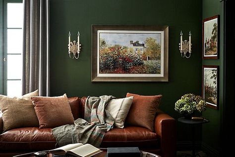 Never would have thought dark green walls would be my thing, but paired with golds and cognac leather...I'm green with envy over this room! Dark Furniture Living Room, Brown Leather Couch Living Room, Green Walls Living Room, Dark Green Living Room, Green Leather Sofa, Leather Couches Living Room, Brown Leather Couch, Green Lounge, Brown Couch Living Room