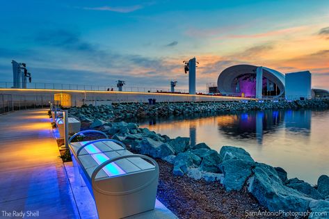 https://flic.kr/p/2mnHL1y | San Diego's Stunning New Waterfront Venue and Park - The Rady Shell at Jacobs Park | The Rady Shell at Jacobs Park is San Diego Symphony’s new permanent outdoor venue on San Diego Bay at Embarcadero Marina Park South. It is the West Coast’s first bayside concert venue and park within a park. The facility will be able to seat up to 10,000 people. At a price tag of $85 million dollars, the Rady Shell is designed to complement the San Diego Convention Center sails and su Rady Shell San Diego, San Diego Bay, Bored At Home, Pinterest Photography, San Diego Living, Concert Venue, Outdoor Concert, Outdoor Venues, Million Dollars