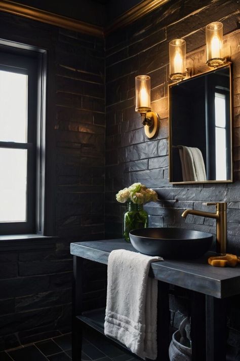 Make a statement with these stylish black bathroom decor ideas! From upgrading your black bathroom sink decor to designing a dramatic modern black bathroom, this guide has all the inspiration you need. Add elegant bathroom counter decor and take cues from chic bathrooms for the ultimate DIY bathroom makeover! Modern Organic Black, Bathroom Interior Design Black, Brick Bathroom Wall, Diy Bathroom Makeover Ideas, Black Bathroom Decor Ideas, Black Bathroom Floor, Brick Bathroom, Black Bathroom Fixtures, Modern Black Bathroom