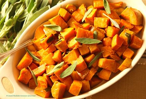 Roasted Sweet Potatoes With Sage Sage Recipes, Winter Meals, Sage Leaves, Alkaline Foods, Vegetarian Paleo, Roasted Sweet Potatoes, Side Recipes, Weeknight Dinners, Roasted Potatoes