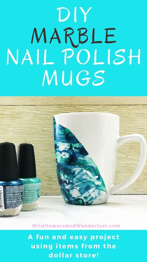 Here's a fun and easy project that also makes a great party favor for older kids.  You can let them make these marbled mugs at the party and take them home along with the nail polish!  There's no end to the combinations and colors that you can create with a marble effect using nail polish and water.  We've got some tips to make this project fun and quick to clean up. WildflowersAndWanderlust.com Marble Nail Polish, Nail Polish Marbling, Diy Crafts For Bedroom, Cheap Diy Crafts, Marble Mugs, Quick Dry Nail Polish, Budget Crafts, Diy Marble, Polish Ceramics