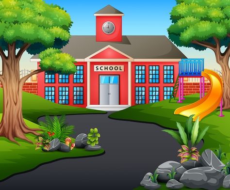 A road scene toward school building with... | Premium Vector #Freepik #vector #school-gate #cartoon-school #school-building #college-building Free Printable Invitations Templates, School Cartoon, Green School, Free Printable Invitations, Green Screen Video Backgrounds, School Building, Cartoon Background, Diy Creative Crafts, Video Background