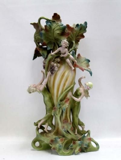 GERMAN PORCELAIN VASE, having an exterior of applied figures and grapevines in Art Nouveau style, shield & SAXONY mark, c. 1890-1910. Height 18 inches Art Nuevo, Art Nouveau Furniture, Handmade Porcelain, Art Nouveau Design, Porcelain Art, Alphonse Mucha, Keramik Vase, Vintage Vases, Antique Porcelain