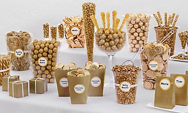 Gold Candy Bar, Gold Candy Buffet, 75 Birthday, Wedding Candy Buffet, Wedding Candy Bar, 50th Anniversary Ideas, Candy Buffet Wedding, Buffet Party, Idee Babyshower