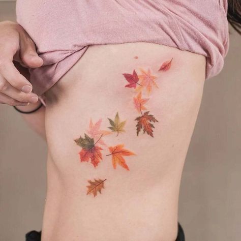 Fall Tatoos Autumn Leaves, Tiny Leaves Tattoo, Fall Leaves Tattoo Autumn, Fall Leave Tattoos, Autumn Sleeve Tattoo, Autumn Inspired Tattoos, Leg Tattoos Color, Leave Tattoo Ideas, Fall Tattoos For Women