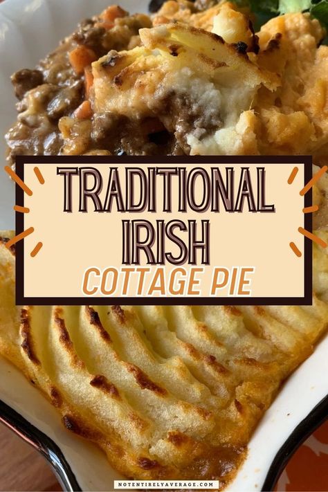 " Experience the ultimate comfort with this Classic Irish Cottage Pie Recipe! Made with seasoned ground beef, veggies, and creamy mashed potatoes, it's Irish comfort food at its finest. Ready in just 45 minutes, it's perfect for a satisfying meal any day of the week!" Irish Cottage Pie, Cottage Pie Recipe Beef, Irish Shepherds Pie Recipe, Traditional Irish Cottage, Cottage Pie Recipe, Irish Beef, Beef Pies, Irish Cuisine, Irish Cottage