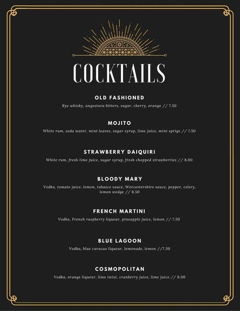 Black and Gold Art Deco Elegant Cocktail Menu - Templates by Canva Drink Menu Design, Blue Curacao Liqueur, Raspberry Liqueur, Fancy Cocktails, Strawberry Daiquiri, Blue Curacao, White Rum, Angostura Bitters, Word Free