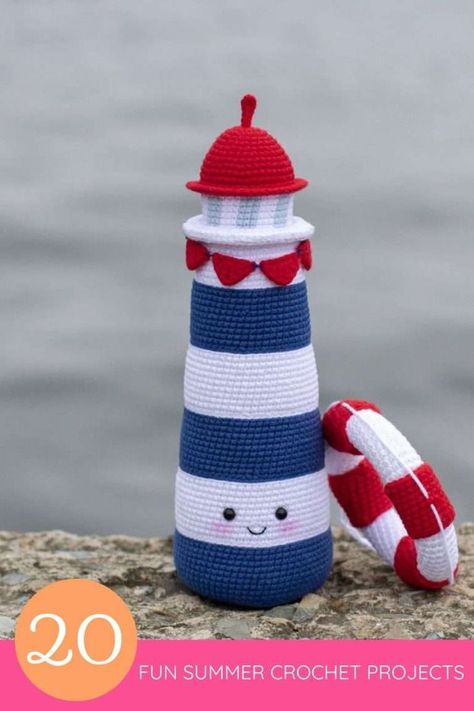 I can’t decide what I love most about this crochet lighthouse pattern, the cute bunting flags, the coordinating lifebuoy, or the cheeky little face on this amigurumi lighthouse! This would make a fun addition to any crochet dollhouse for a cool summer theme. Crochet Projects For Kids, Summer Amigurumi, Lighthouse Pattern, Summer Crochet Projects, Crochet Dollhouse, Crochet Boat, Popsicle Holders, Crochet Game, Crochet Garden