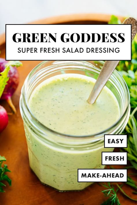 This homemade green goddess dressing is so easy to make! It's creamy, fresh, completely delicious—and a great way to use up your leftover leafy herbs! #greengoddess #salad #dressing #healthy #cookieandkate Green Goddess Dressing Recipe, Healthy Dressing Recipes, Goddess Dressing Recipe, Dressing Recipes Thanksgiving, Dressing Healthy, Completely Delicious, Cookie And Kate, Salad Dressing Recipes Healthy, Goddess Dressing