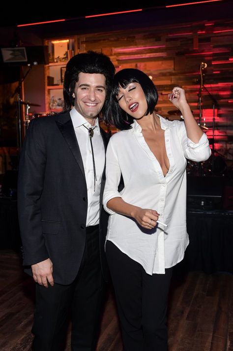 Pin for Later: 27 Vintage Movie Halloween Costumes Worn by Celebrities Vincent and Mia From Pulp Fiction Matthew Morrison and new wife Renee Puente dressed up as Vincent Vega and Mia Wallace from Pulp Fiction. Pulp Fiction Costume, Celebrity Couple Costumes, Vincent Vega, Halloween Costumes 2014, 90s Halloween Costumes, Halloween Mode, Movie Character Costumes, Matthew Morrison, Best Couples Costumes