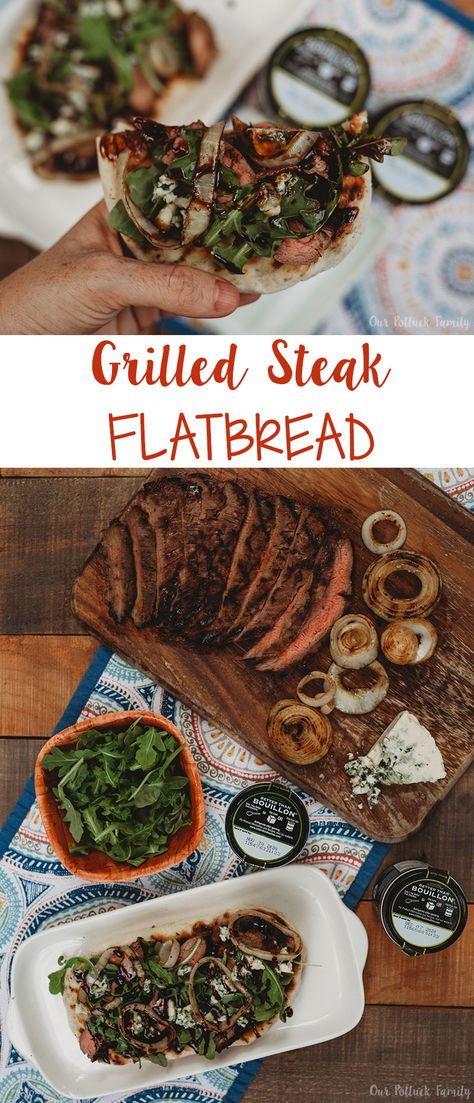 Steak Flatbread, Steak Flatbread Recipes, Steak Flatbread Pizza, Bbq Flatbread, Bacon Onion Jam, Teriyaki Steak, Marinated Flank Steak, Grilled Flank Steak, Grilled Mushrooms