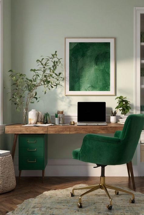 home office decor,green color scheme,office organization ideas,home office furniture Green Gold Office, Green Home Office Ideas, Green Office Ideas, Sage Green Office, Feminine Home Office Classy, Desk Wall Art, Home Office Green, Green Home Offices, Office Wall Colors