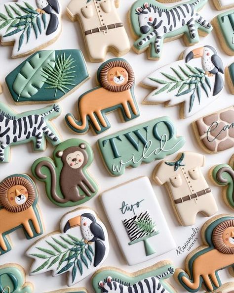 Safari Royal Icing Cookies, Two Wild Birthday Cookies, Wild And Three Cookies, Young Wild And Three Cookies, Safari Birthday Cookies, Safari Animal Cookies, No Spread Sugar Cookie Recipe, Felix Birthday, Sugar Cookie Recipe With Royal Icing