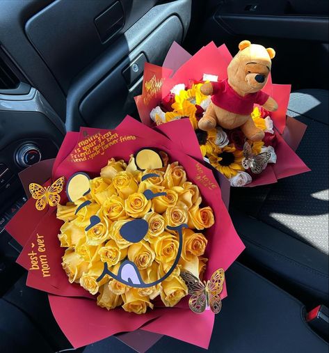 Beauty And The Beast Flower Bouquet, Winnie The Pooh Flower Bouquet, Beauty And The Beast Bouquet, Character Flower Bouquet, Winnie The Pooh Bouquet, Eternal Bouquet Ideas, Winnie The Pooh Flowers, Ribbon Bouquets, Forever Flower Bouquets