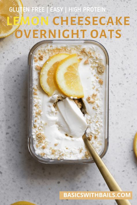 Lemon Cheesecake Overnight Oats are a great way to start off your morning! Quick, easy and satisfying! Overnight oats with protein powder are the best way to start your day! If you're looking for a healthy overnight oats recipe for weight loss, you've come to the right place! Lemon Cheesecake Protein Overnight Oats, Protein Cheesecake Overnight Oats, High Protein Lemon Cheesecake Overnight Oats, Overnight Oats Summer, Lemon Pie Overnight Oats, Maple Pancake Overnight Oats, Overnight Cheesecake Oats, Creme Brulee Overnight Oats, Lemon Curd Overnight Oats