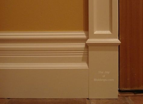 stacked base molding idea with column door trim | Molding ... Dark Baseboards, Tall Baseboards, Baseboard Styles, Cabinet Molding, Baseboard Trim, Baseboard Molding, House Trim, Trim Work, Wood Molding