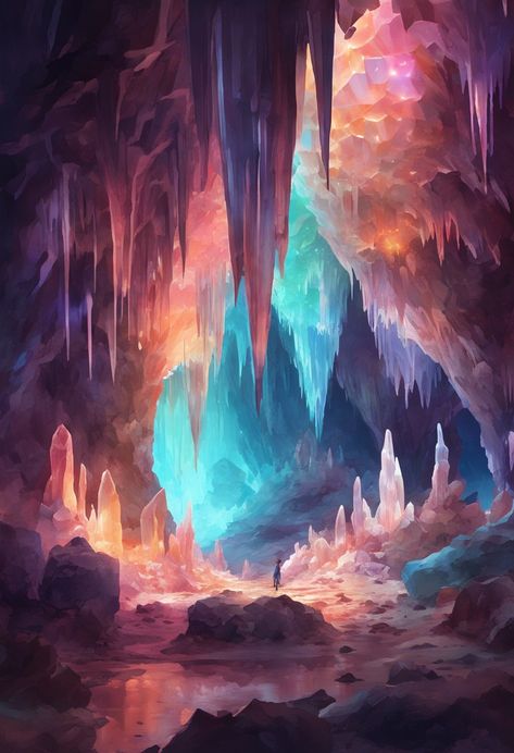 Radiant cave exploration. Check more: https://paintlyx.com/radiant-cave-exploration/ Fantasy Cave Art, Cave Fantasy Art, Fantasy Cave, Cave Art, Fantasy Cave Concept Art, Fantasy Cave City, Cave Concept Art, Crystal Cave Art, Cave Background Art