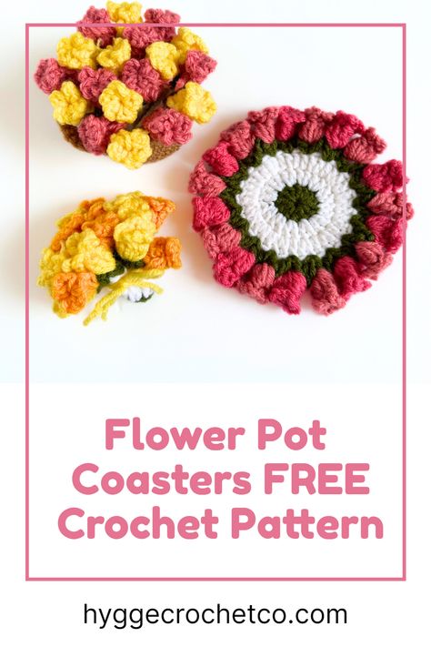 Discover the perfect blend of beauty and functionality with this Flower Pot Coaster Set FREE crochet pattern from HyggeCrochetCo. Embellish your home with these charming and practical coasters, designed to safeguard your surfaces while adding a delightful pop of color. You'll love showing off your crochet skills and your passion for all things floral. Grab your hook and let's get started! Flower Pot Coasters, Coasters Free Pattern, Coaster Patterns, Crochet Succulent, Crochet Coasters Free Pattern, Crocheted Flower, Coaster Pattern, Crochet Flowers Free Pattern, Crochet Coaster Pattern