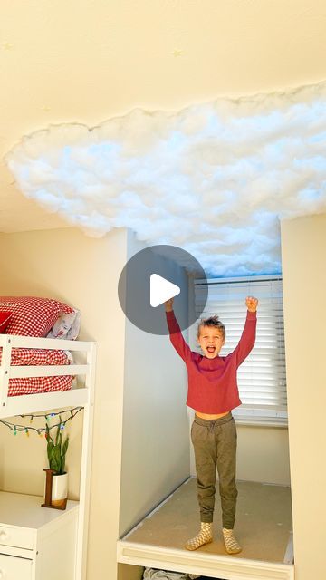 Brianna Koehler on Instagram: "☁️✨ DIY CLOUD CEILING TUTORIAL ✨☁️
Make this awesome light up cloud ceiling in 3 easy steps!

1. Staple poster board to the ceiling where you want the clouds to be. ☁️
2. Stick on LED rope lights in a zig zag pattern. RGBIC lights or govee are great choices. ⚡️
3. Using adhesive spray, add tufts of Buffalo snow or poly fil clouds over the poster and lights, making extra sure to cover up the rope lights well. It looks better that way! ✨☁️
Ta-da! Such a cool and fun DIY!! 🥰🥰🥰 the kids love it!!!" Ceiling Clouds Diy, Clouds For Ceiling Diy, Cloud Lights Bedroom Ceiling Diy, How To Make A Cloud Ceiling, Led Clouds Ceiling, Cloud Ceiling Diy Led Lights, Led Clouds, Cloud Diy, Boys Gaming Room Ideas