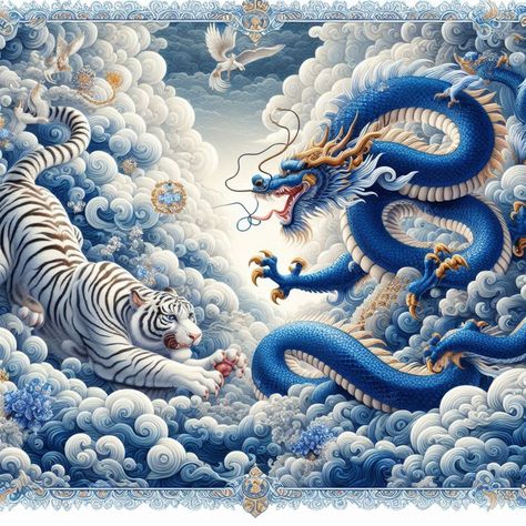 https://flic.kr/p/2q3MERT | Blue Dragon, White Tiger | A beautiful painting based on Chinese mythology presenting a blue dragon of the East intertwined with a white tiger of the West amidst billowing clouds yielding wish-fulfilling jewels. White Tiger Of The West, Phaya Naga, Tattoos Asian, Tiger And Dragon, Painting Dragon, Tiger Dragon, Mythical Creatures Fantasy, Embroidery Wall Art, Wall Decor Crafts