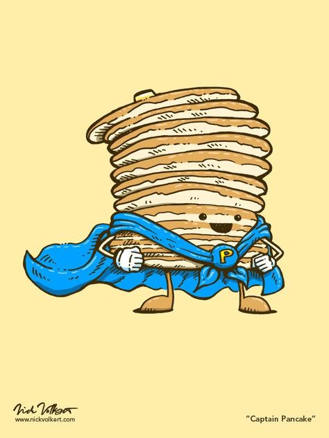 The superhero Captain Pancake stands proud with his blue cape waving behind him. Pancake Illustration, Pancake Art, Coffee Tattoos, Person Drawing, Cute Food Drawings, Illustration Cartoon, Food Drawing, Save The Day, Character Illustration