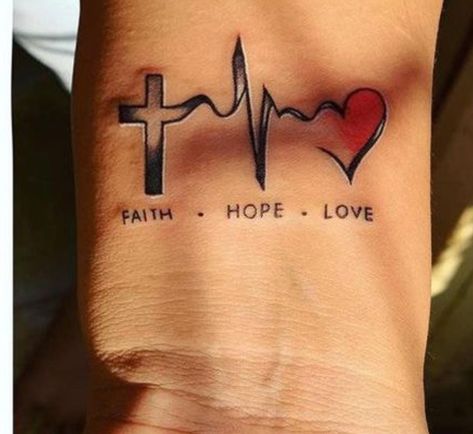 Tattoo Ideas Faith Hope Love, Heart Beat Tattoo Design, Faith Hope Love Tattoo Ideas, Heartbeat Tattoo Design, Cross Tattoo On Hand, Love Tattoo Ideas, Faith Tattoos, Faith Hope Love Tattoo, Heartbeat Tattoo