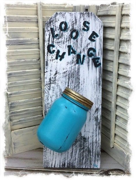 Repurposed glass jar into loose change jar for the laundry room. Change Jar Ideas, Diy Halloween Apothecary Jars, Outdoor Space Ideas, Mason Jar Diy Projects, Can Upcycle, Change Jar, Mason Jar Projects, Diy Sharpie, Glass Bottle Diy