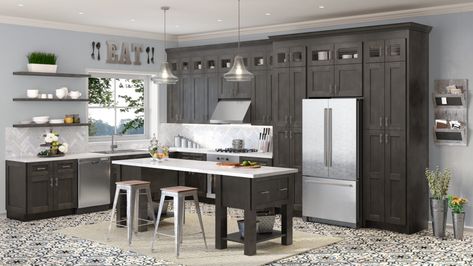 Get that contrast you’ve been looking for with US Cabinet Depot Shaker Cinder.  Shaker Cinder is the darkest of the three grey shaker styles from US Cabinet Depot.  It can be paired with US Cabinet Depot Shaker White to create a two-tone island or a any other bold combination you can dream up.  #waverlycabinets #USCabinetDepot #dreamkitchen #cabinets #kitchencabinets #cabinetry #kitchen #upcoming #wood #modern #simple #depot #shaker #cinder Gray Stained Kitchen Cabinets, Low Cost Kitchen Cabinets, Grey Shaker Kitchen Cabinets, Transitional Style Kitchen, 10x10 Kitchen, Grey Shaker Kitchen, Stained Kitchen Cabinets, Kitchen Cabinet Trends, Rta Kitchen Cabinets