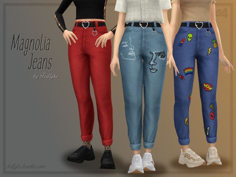 High waisted cuffed jeans with a heart buckle belt. They come in many shades, and some have designs/patches/embroidery on them. Found in TSR Category 'Sims 4 Female Everyday' Female Sims, Cc Shopping, Feminine Clothes, Patches Embroidery, Pelo Sims, Sims 4 Mm Cc, Sims 4 Cc Folder, Sims 4 Dresses, Sims 4 Mm