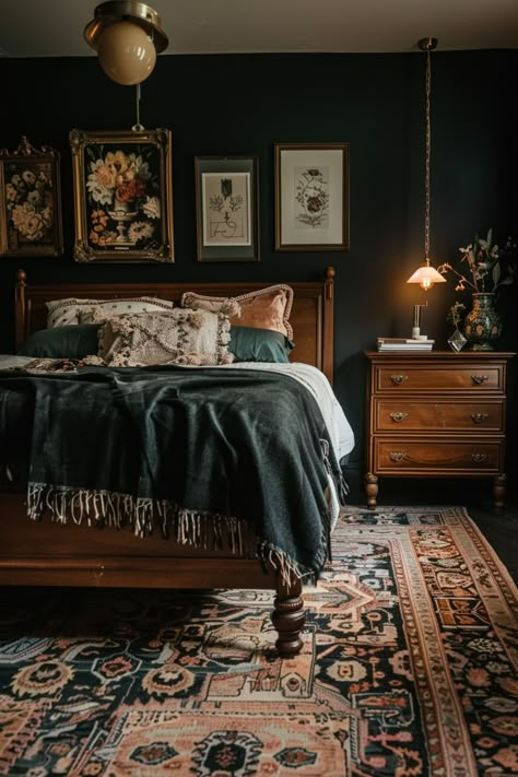 Moody Romantic Apartment, Dark Room Bedding, Moody Vintage Boho Bedroom, Modern Gothic Bedroom Ideas, Aesthetic Master Room Ideas, Dark Scandinavian Interior Design, Cozy Moody Bedroom Ideas, Dark Cottage Home Decor, Top Floor Bedroom Ideas