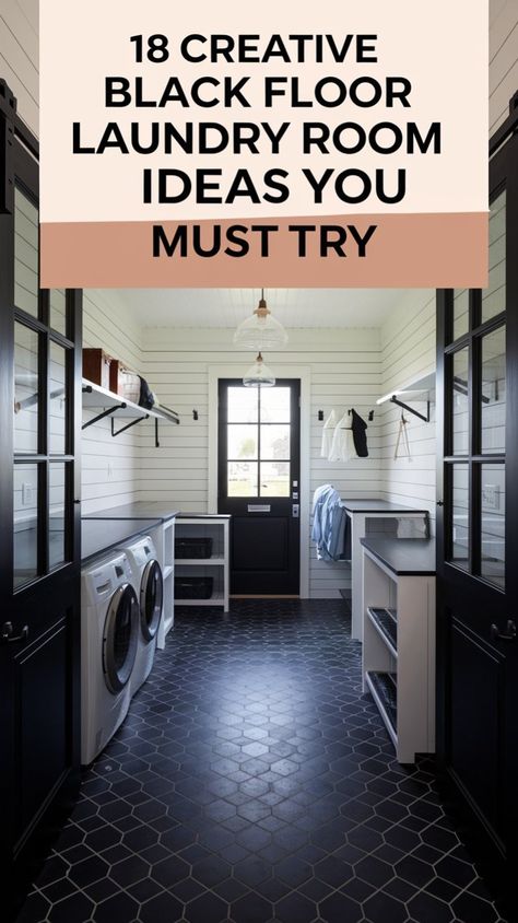 Elevate your laundry room with the timeless appeal of black flooring! Whether you choose glossy tiles for a polished look or rustic dark wood for warmth, these 18 creative ideas will make your space stand out. Black floors add depth, contrast, and a modern edge, making even small laundry rooms feel chic and inviting. Discover unique ways to style your laundry space with bold flooring that complements any aesthetic. Get inspired and start your makeover today! Black Flooring, Black Floors, Cabinet Storage Ideas, Farmhouse Laundry Room Ideas, Glossy Tiles, Herringbone Tiles, Laundry Room Cabinet, Laundry Space, Farmhouse Laundry Room