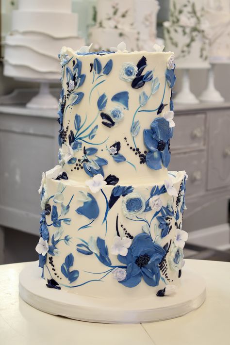 #sweetstirrings #bridalshower #bridalshowercake #bridalshowerideas #fallbridalshower #fallbride #bluebridalshowerideas #bluebridalshower Simple Wedding Cake Blue, Blue And White Cakes, Wedding Theme Blue, Bridal Shower Cakes Blue, Something Blue Bridal Shower Cake, Wedding Cake With Blue Flowers, White And Blue Wedding Cake, Talavera Cake, Blue Floral Cake