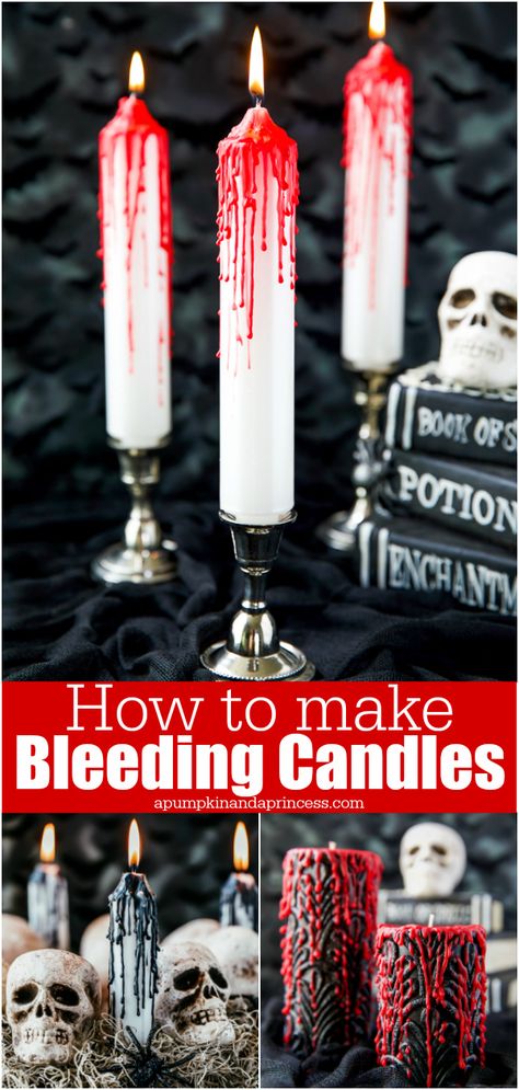 Candle Halloween Decorations, Diy Fake Halloween Candles, Halloween Candle Making Ideas, Diy Halloween Taper Candles, Diy Melted Candles Halloween, Diy Witch Candles How To Make, Vampire Halloween Decorations Diy, How To Make Black Candles, Candle Making Halloween