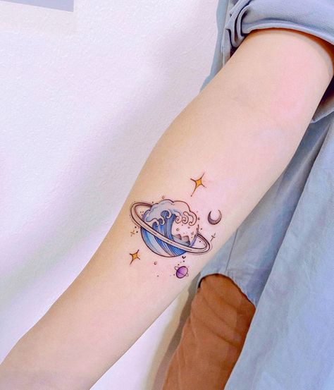 Planets Tattoo, Small Colorful Tattoos, Wrap Around Wrist Tattoos, Delicate Tattoos For Women, Saturn Tattoo, Small Dragon Tattoos, Universe Tattoo, Aquarius Tattoo, Mom Tattoo Designs